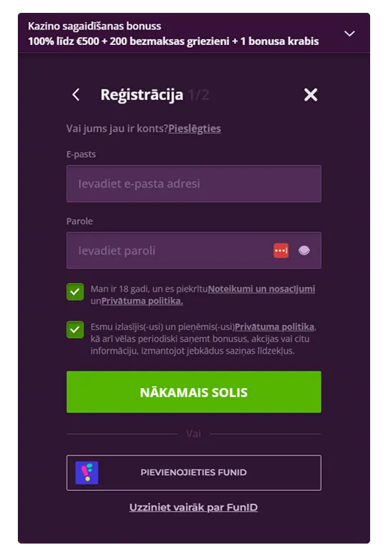 reģistrācija Malina Kazino